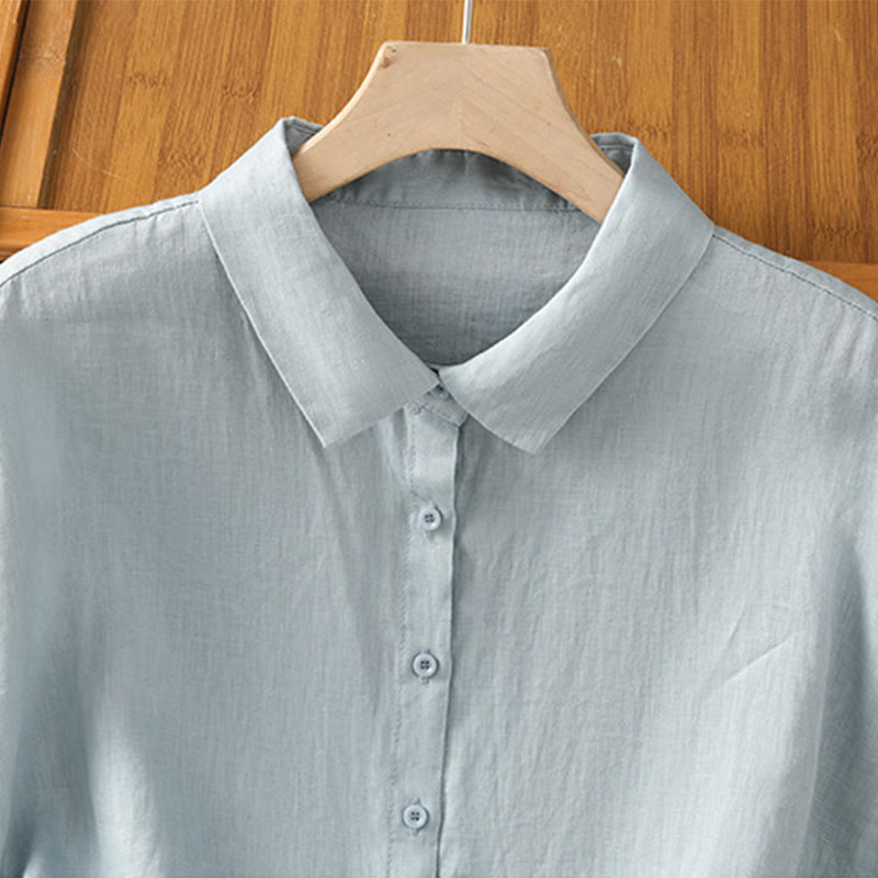 Camisa de algodón de manga corta con botones de color liso de verano para mujer con Buddha Stones - image 4