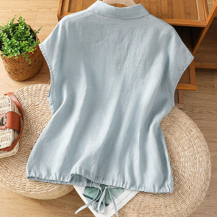 Camisa de algodón de manga corta con botones de color liso de verano para mujer con Buddha Stones - image 3