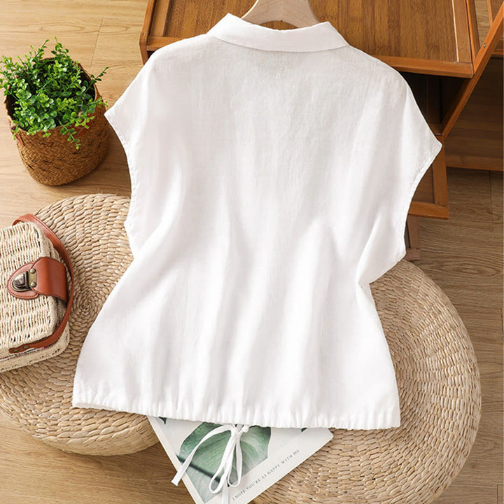 Camisa de algodón de manga corta con botones de color liso de verano para mujer con Buddha Stones - image 9