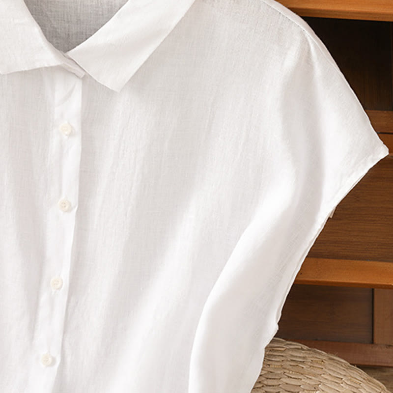 Camisa de algodón de manga corta con botones de color liso de verano para mujer con Buddha Stones - image 12