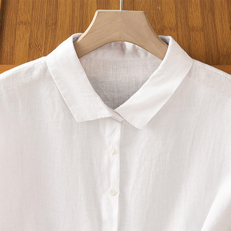Camisa de algodón de manga corta con botones de color liso de verano para mujer con Buddha Stones - image 10