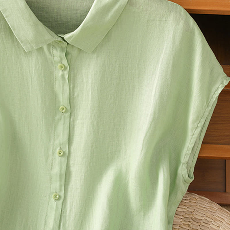 Camisa de algodón de manga corta con botones de color liso de verano para mujer con Buddha Stones - image 18