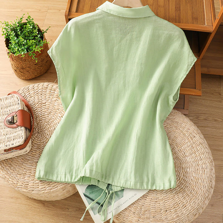Camisa de algodón de manga corta con botones de color liso de verano para mujer con Buddha Stones - image 15