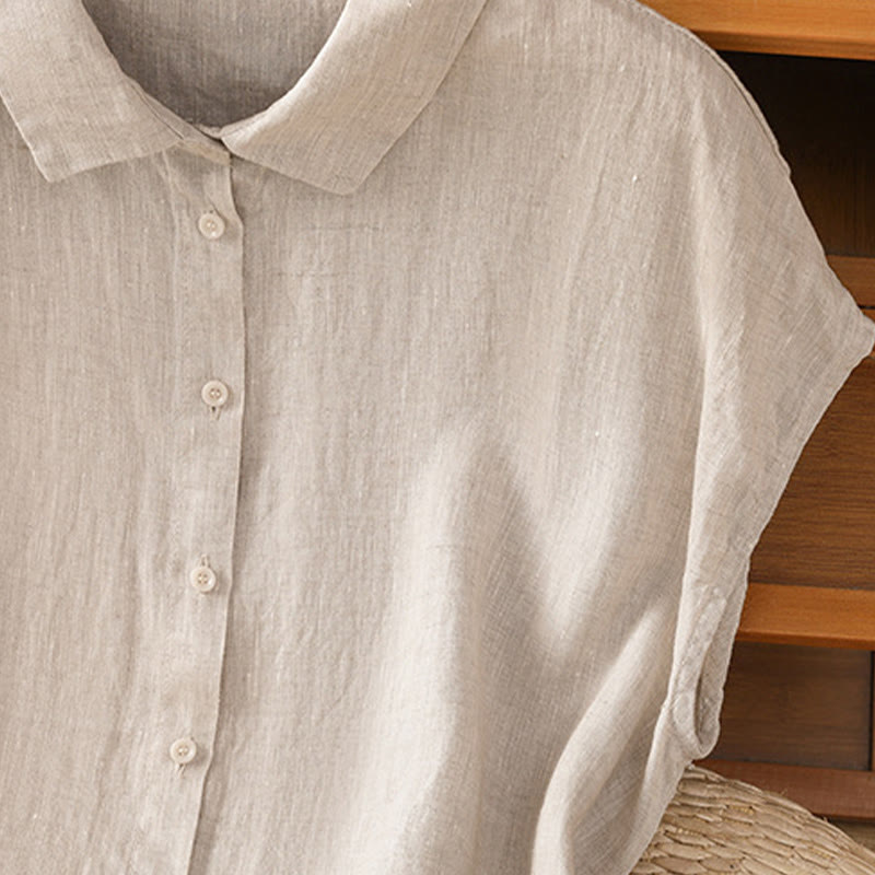 Camisa de algodón de manga corta con botones de color liso de verano para mujer con Buddha Stones - image 27
