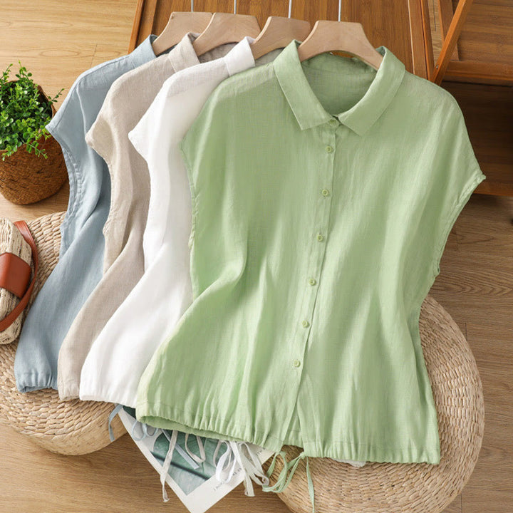 Camisa de algodón de manga corta con botones de color liso de verano para mujer con Buddha Stones - image 1