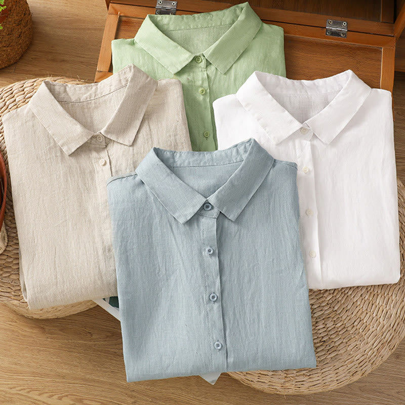 Camisa de algodón de manga corta con botones de color liso de verano para mujer con Buddha Stones - image 2