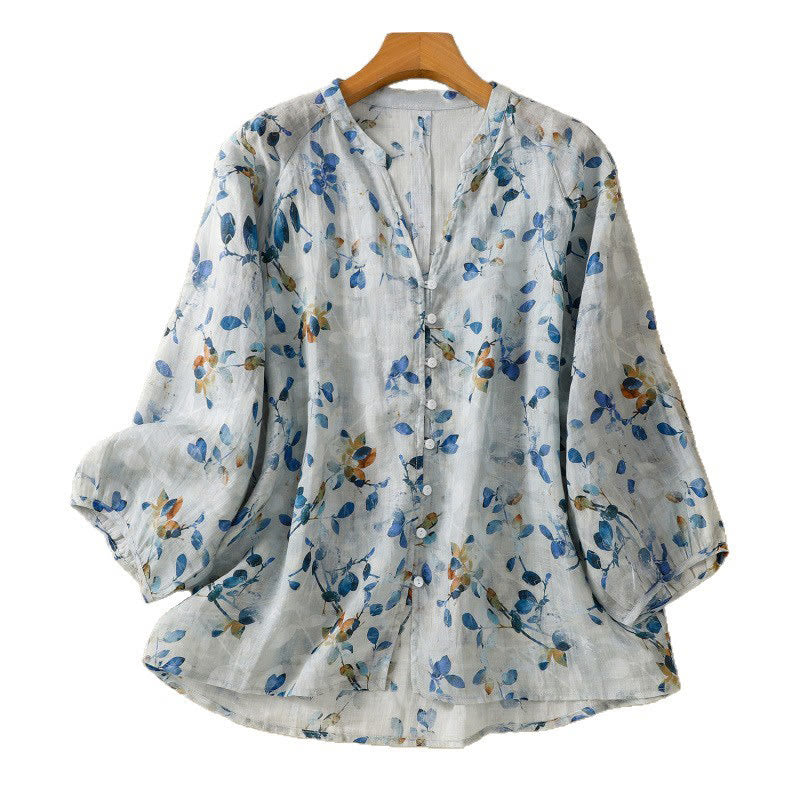 Camisa de algodón para mujer con cuello en V, manga tres cuartos y estampado floral azul Buddha Stones - image 17
