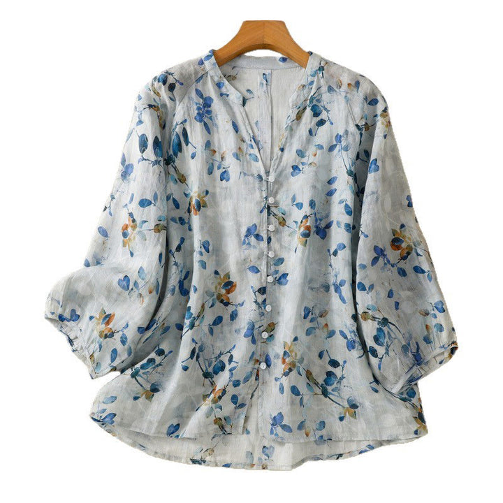 Camisa de algodón para mujer con cuello en V, manga tres cuartos y estampado floral azul Buddha Stones - image 17