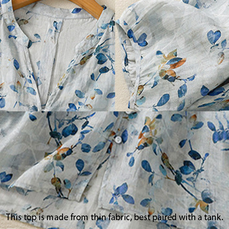 Camisa de algodón para mujer con cuello en V, manga tres cuartos y estampado floral azul Buddha Stones - image 15