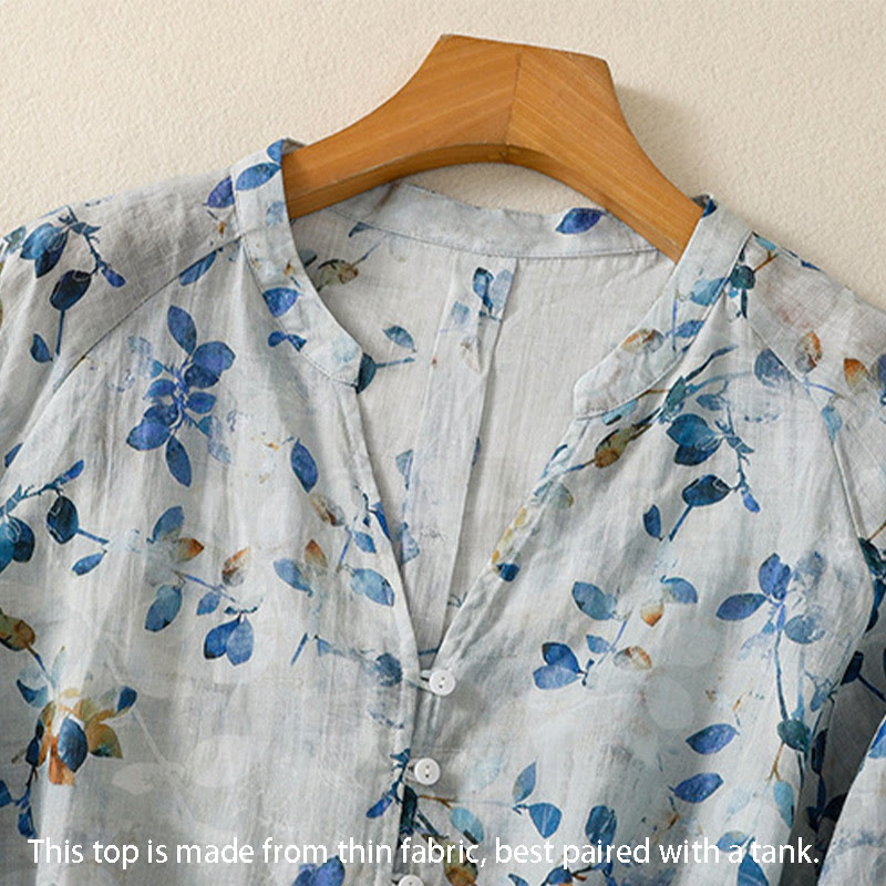 Camisa de algodón para mujer con cuello en V, manga tres cuartos y estampado floral azul Buddha Stones - image 6