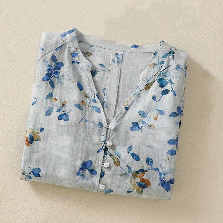 Camisa de algodón para mujer con cuello en V, manga tres cuartos y estampado floral azul Buddha Stones - image 3