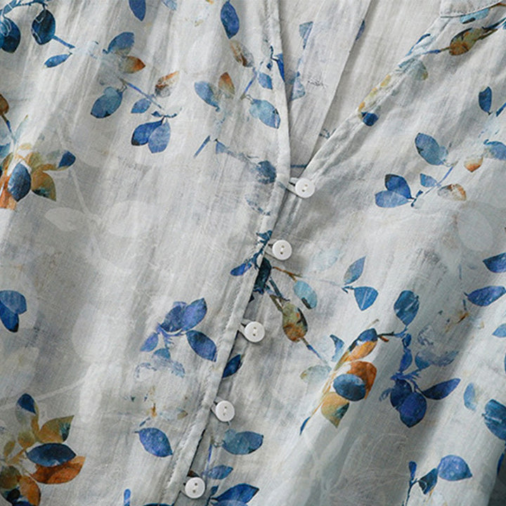 Camisa de algodón para mujer con cuello en V, manga tres cuartos y estampado floral azul Buddha Stones - image 10