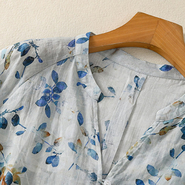 Camisa de algodón para mujer con cuello en V, manga tres cuartos y estampado floral azul Buddha Stones - image 8