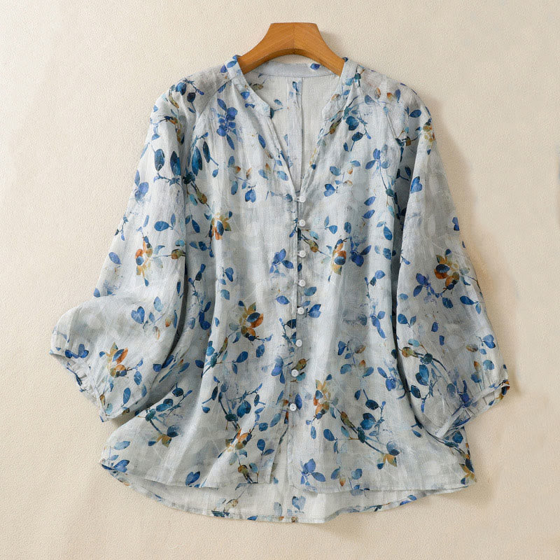 Camisa de algodón para mujer con cuello en V, manga tres cuartos y estampado floral azul Buddha Stones - Azul claro - US14，UK/AU18，EU46 (2XL) - image 1