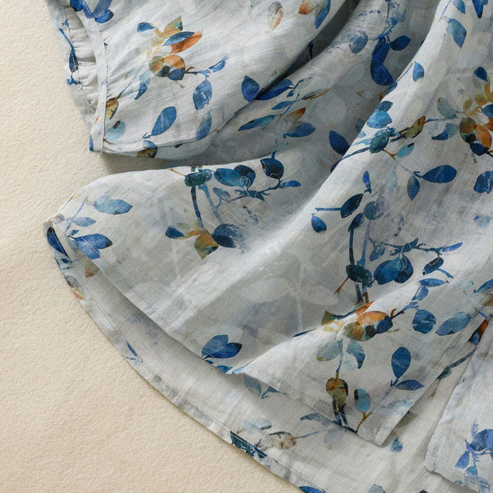 Camisa de algodón para mujer con cuello en V, manga tres cuartos y estampado floral azul Buddha Stones - image 12