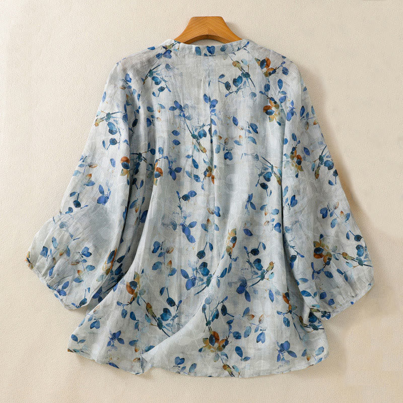 Camisa de algodón para mujer con cuello en V, manga tres cuartos y estampado floral azul Buddha Stones - image 2