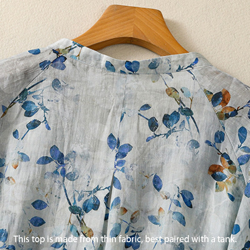 Camisa de algodón para mujer con cuello en V, manga tres cuartos y estampado floral azul Buddha Stones - image 7