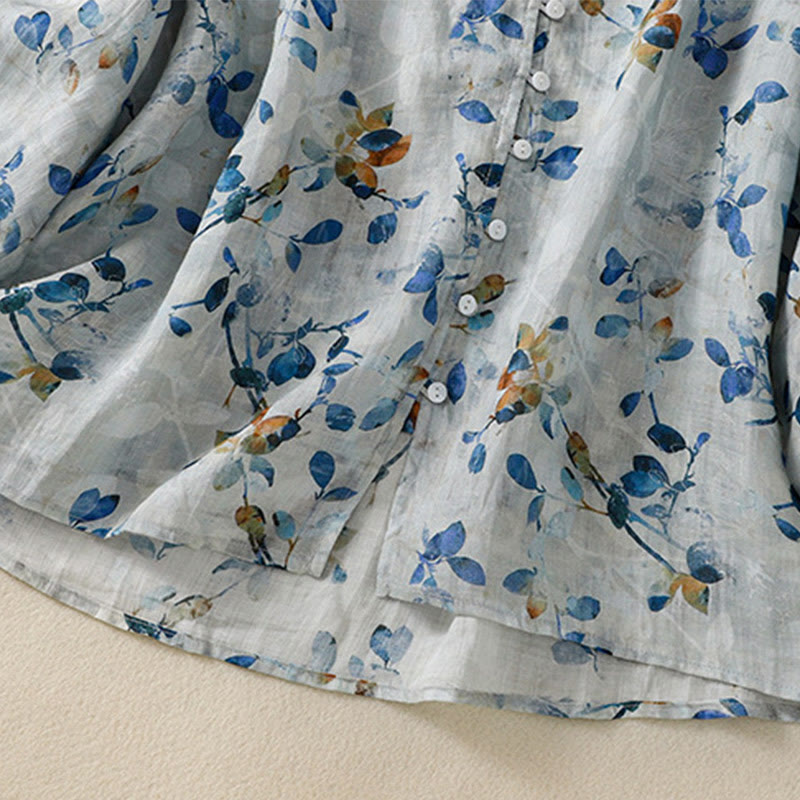 Camisa de algodón para mujer con cuello en V, manga tres cuartos y estampado floral azul Buddha Stones - image 14