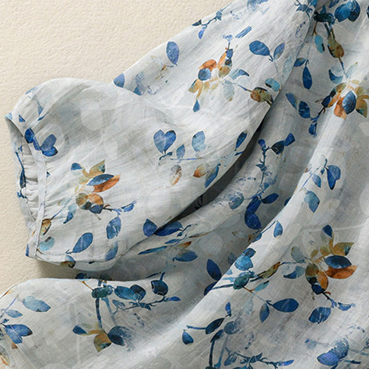 Camisa de algodón para mujer con cuello en V, manga tres cuartos y estampado floral azul Buddha Stones - image 13