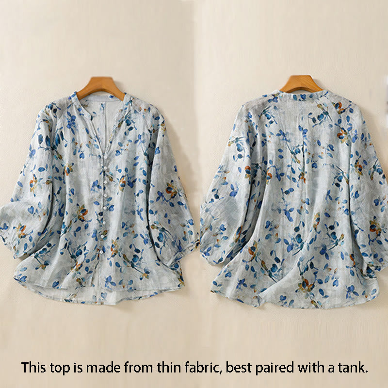 Camisa de algodón para mujer con cuello en V, manga tres cuartos y estampado floral azul Buddha Stones - image 5