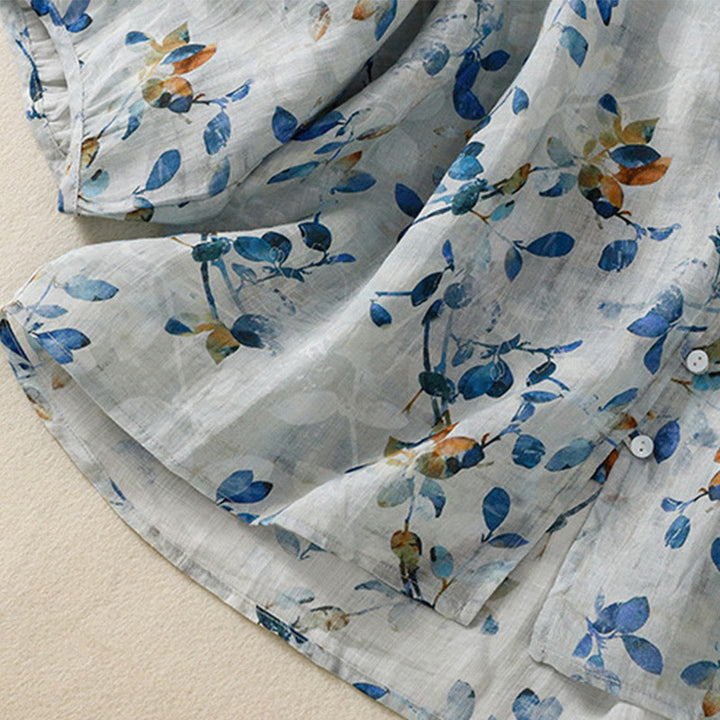 Camisa de algodón para mujer con cuello en V, manga tres cuartos y estampado floral azul Buddha Stones - image 11