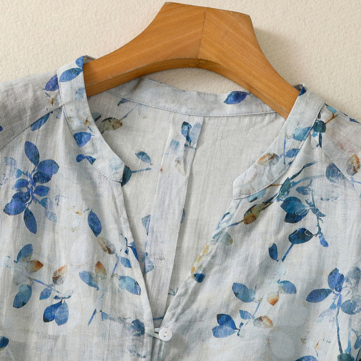 Camisa de algodón para mujer con cuello en V, manga tres cuartos y estampado floral azul Buddha Stones - image 9