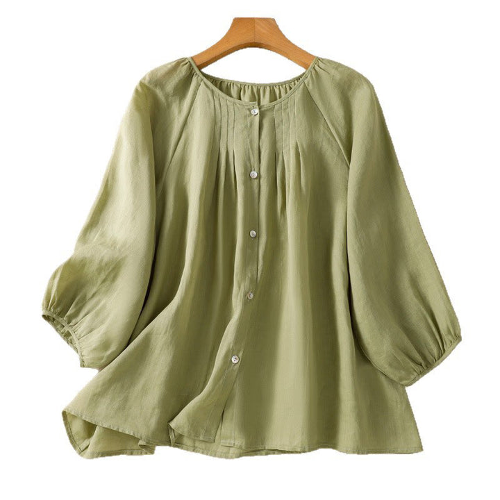 Camisa de algodón para mujer con cuello redondo, botones y manga tres cuartos, con estampado de Buddha Stones - image 11