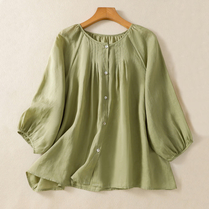 Camisa de algodón para mujer con cuello redondo, botones y manga tres cuartos, con estampado de Buddha Stones - AmarilloVerde - US14，UK/AU18，EU46 (2XL) - image 3