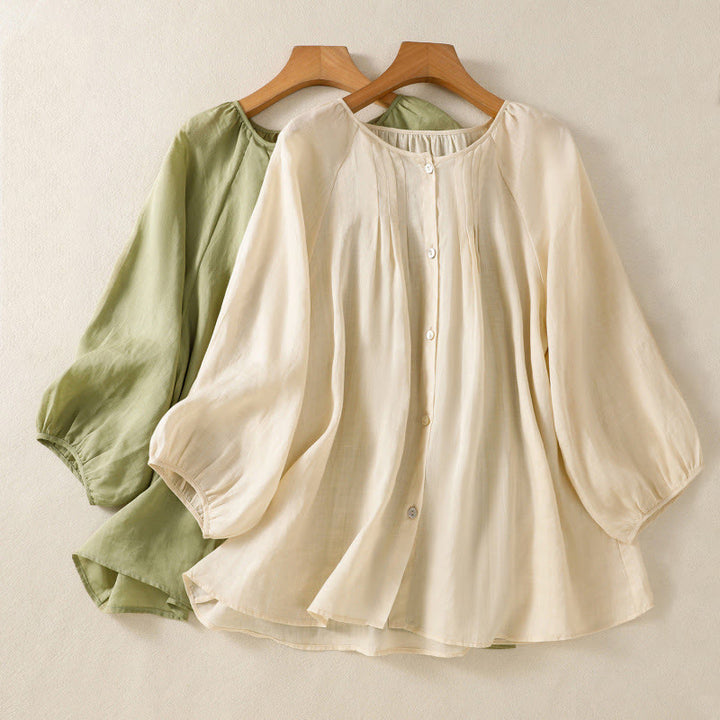 Camisa de algodón para mujer con cuello redondo, botones y manga tres cuartos, con estampado de Buddha Stones - image 0