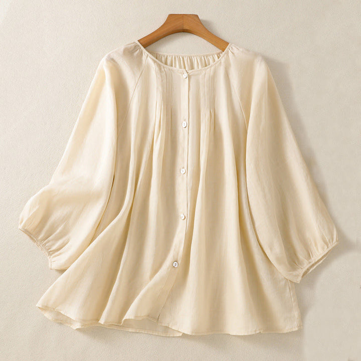 Camisa de algodón para mujer con cuello redondo, botones y manga tres cuartos, con estampado de Buddha Stones - Beige - US14，UK/AU18，EU46 (2XL) - image 12