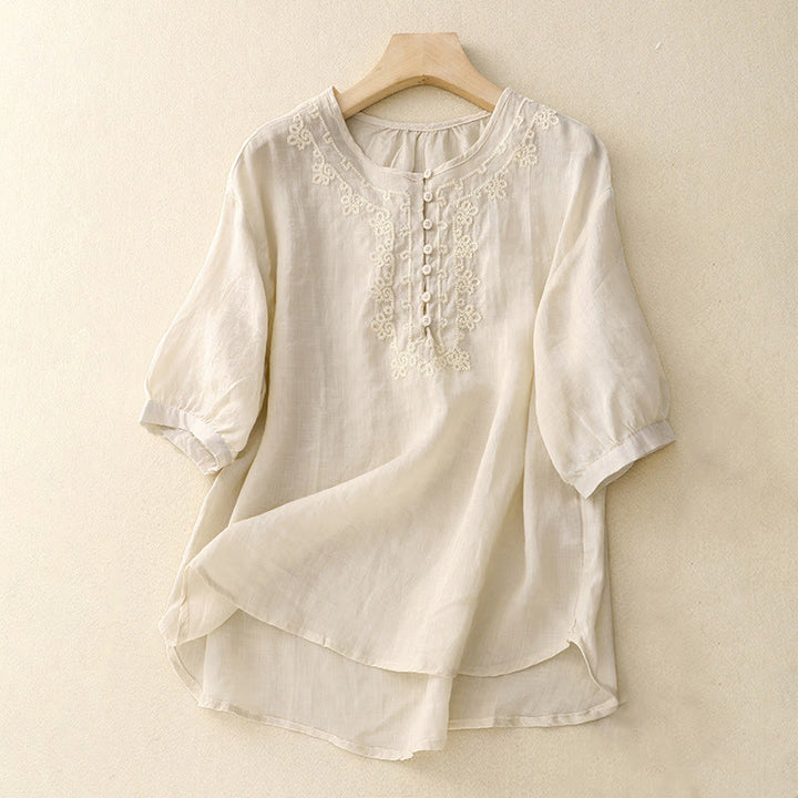 Camisa de algodón para mujer con cuello redondo, manga corta y botones bordados con líneas de Buddha Stones - Lino - US14，UK/AU18，EU46 (2XL) - image 5
