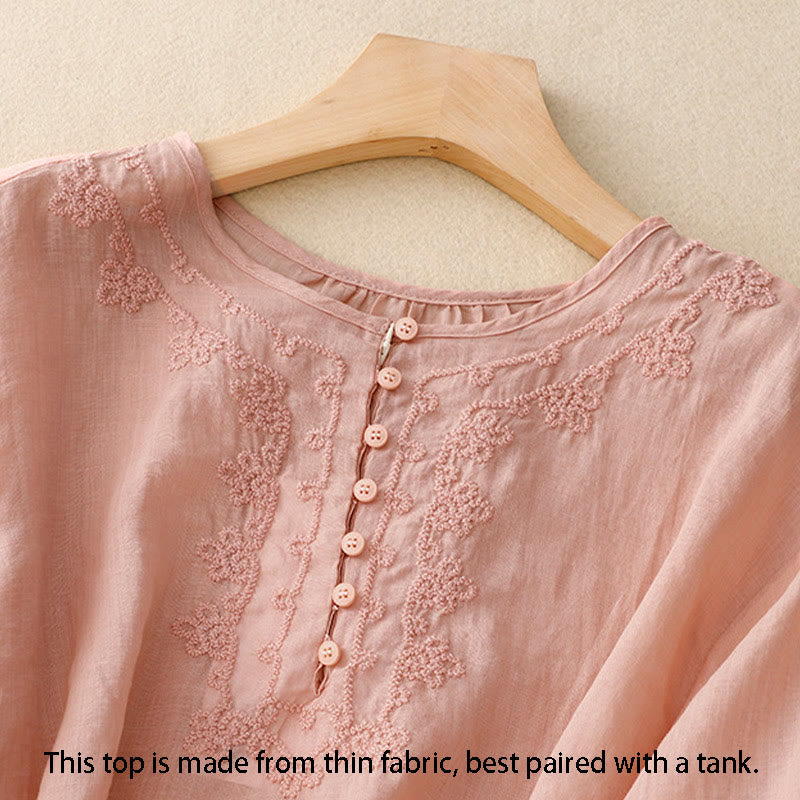 Camisa de algodón para mujer con cuello redondo, manga corta y botones bordados con líneas de Buddha Stones - image 13
