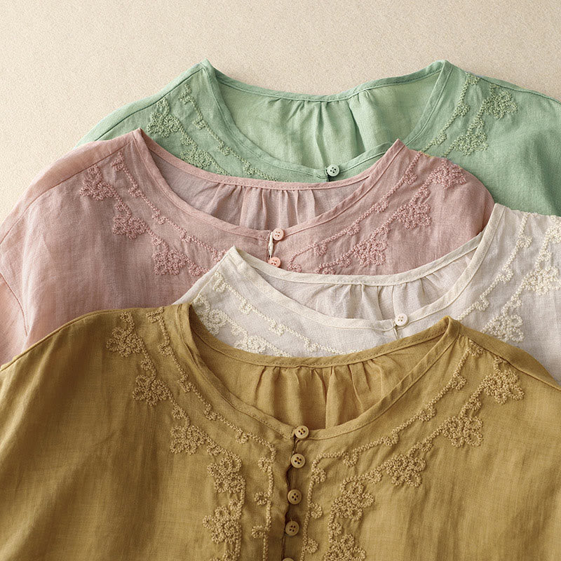 Camisa de algodón para mujer con cuello redondo, manga corta y botones bordados con líneas de Buddha Stones - image 19