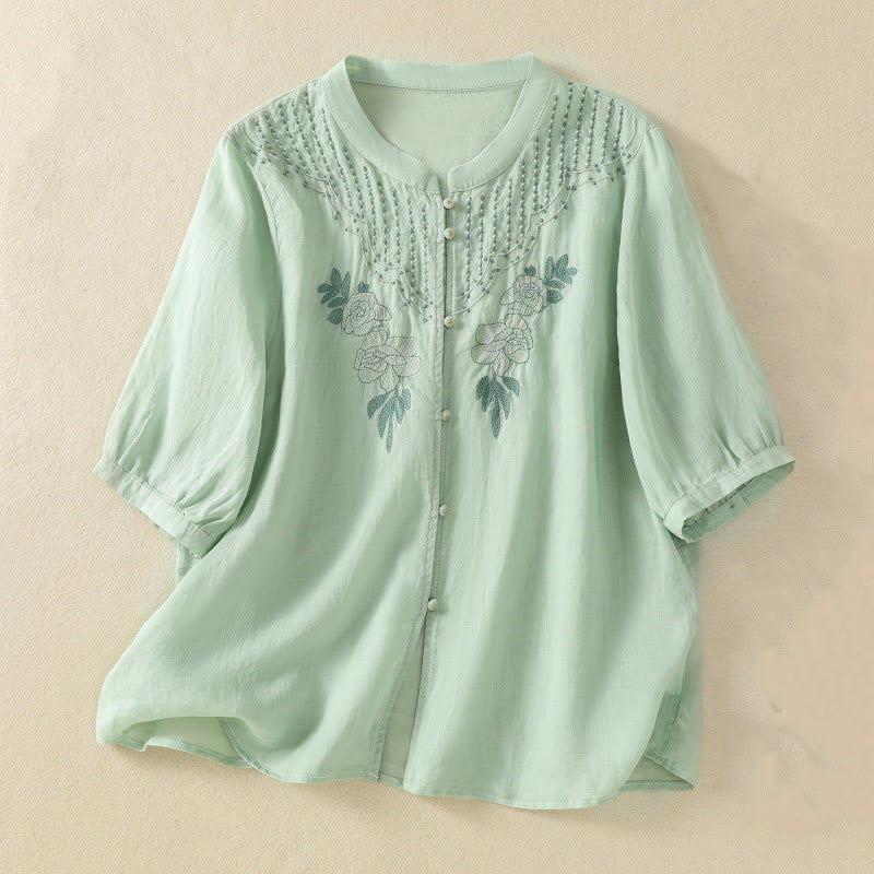 Camisa de algodón para mujer de media manga con botones y bordado floral de rosas y Buddha Stones - Gotas de miel - US14，UK/AU18，EU46 (2XL) - image 0
