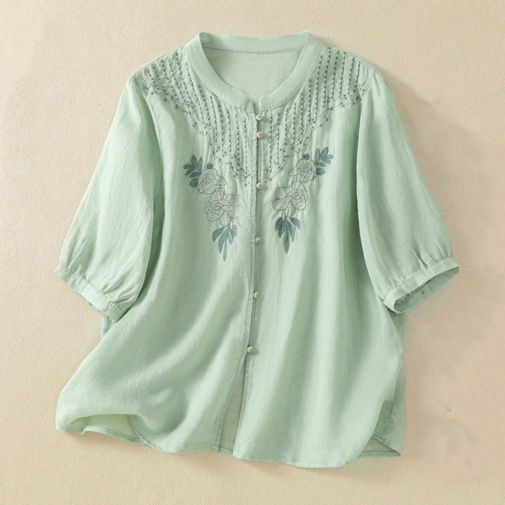Camisa de algodón para mujer de media manga con botones y bordado floral de rosas y Buddha Stones - Gotas de miel - US14，UK/AU18，EU46 (2XL) - image 0