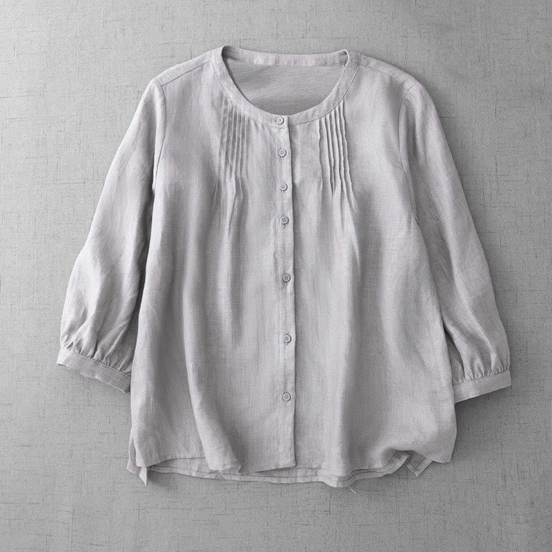 Camisa de algodón para mujer con diseño plisado, botones lisos y cuello redondo, manga tres cuartos, con Buddha Stones - Lino - US14，UK/AU18，EU46 (2XL) - image 23