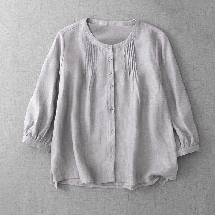 Camisa de algodón para mujer con diseño plisado, botones lisos y cuello redondo, manga tres cuartos, con Buddha Stones - Lino - US14，UK/AU18，EU46 (2XL) - image 23