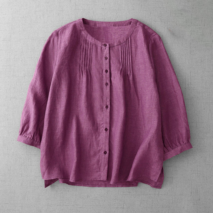 Camisa de algodón para mujer con diseño plisado, botones lisos y cuello redondo, manga tres cuartos, con Buddha Stones - Violeta medio rojo - US14，UK/AU18，EU46 (2XL) - image 9