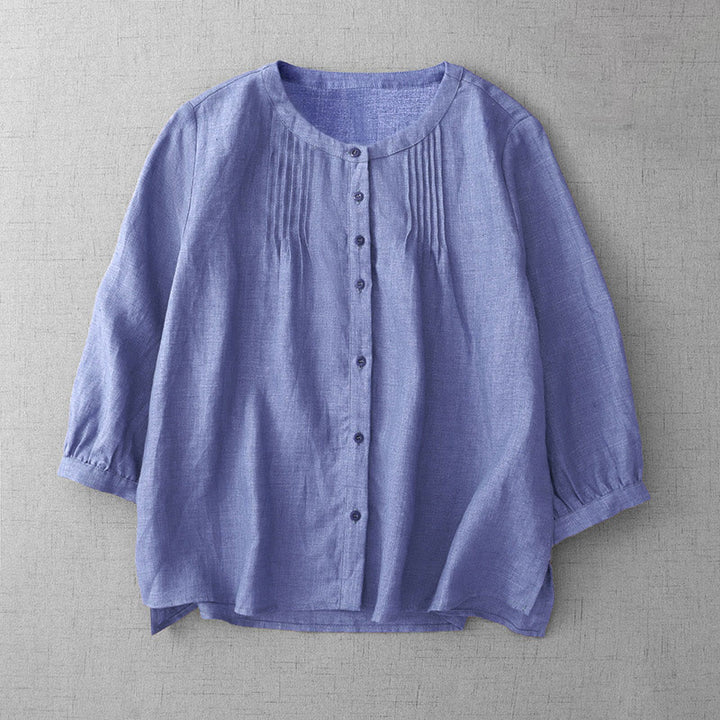 Camisa de algodón para mujer con diseño plisado, botones lisos y cuello redondo, manga tres cuartos, con Buddha Stones - image 3