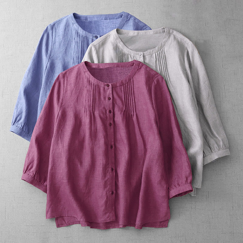 Camisa de algodón para mujer con diseño plisado, botones lisos y cuello redondo, manga tres cuartos, con Buddha Stones - image 2