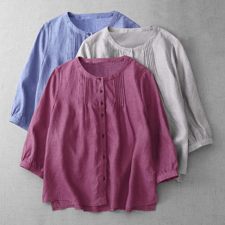 Camisa de algodón para mujer con diseño plisado, botones lisos y cuello redondo, manga tres cuartos, con Buddha Stones - image 2