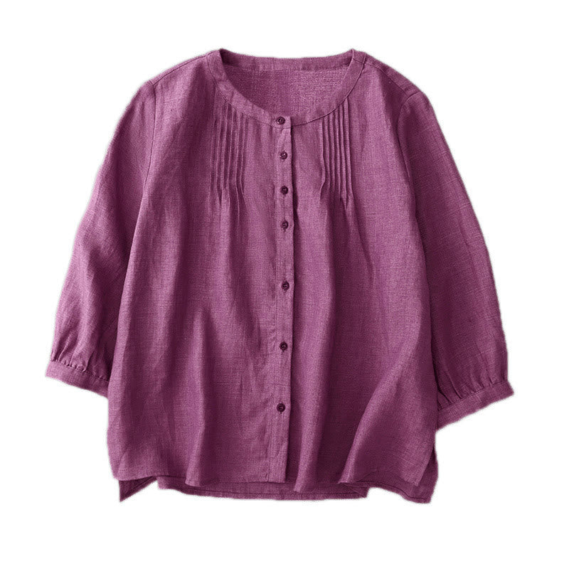 Camisa de algodón para mujer con diseño plisado, botones lisos y cuello redondo, manga tres cuartos, con Buddha Stones - image 22