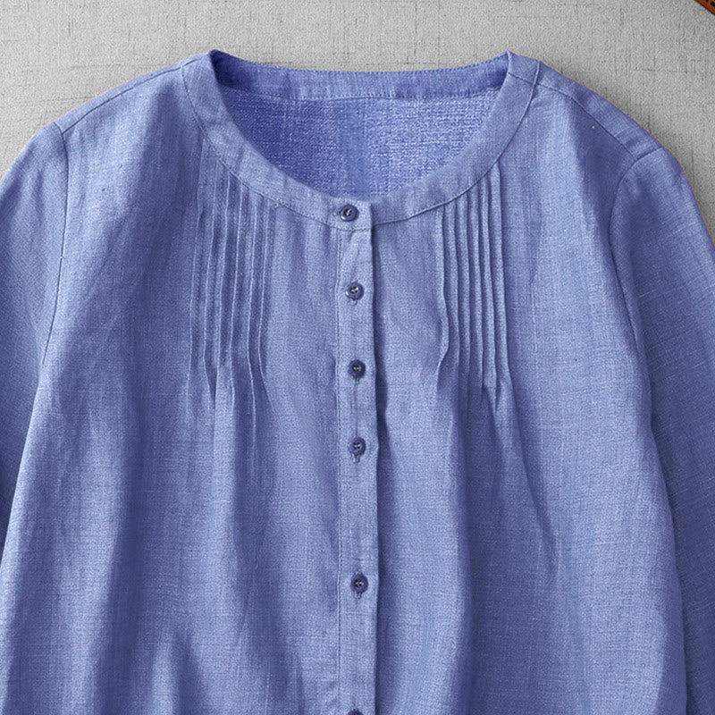 Camisa de algodón para mujer con diseño plisado, botones lisos y cuello redondo, manga tres cuartos, con Buddha Stones - image 4