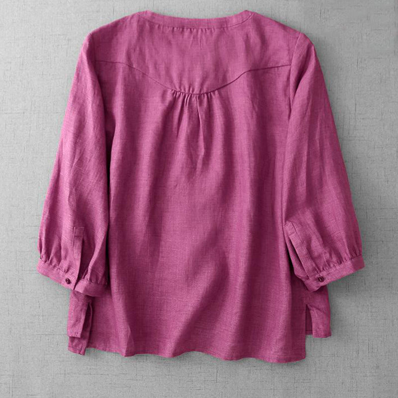Camisa de algodón para mujer con diseño plisado, botones lisos y cuello redondo, manga tres cuartos, con Buddha Stones - image 10