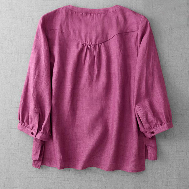 Camisa de algodón para mujer con diseño plisado, botones lisos y cuello redondo, manga tres cuartos, con Buddha Stones - image 10