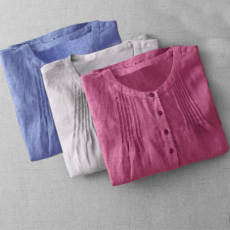 Camisa de algodón para mujer con diseño plisado, botones lisos y cuello redondo, manga tres cuartos, con Buddha Stones - image 20
