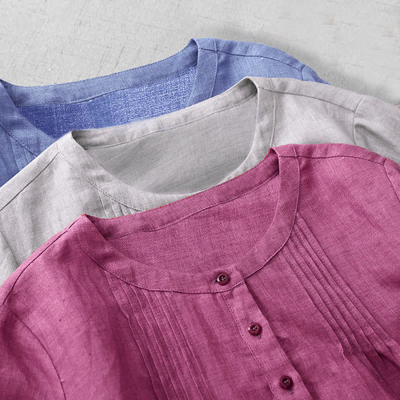 Camisa de algodón para mujer con diseño plisado, botones lisos y cuello redondo, manga tres cuartos, con Buddha Stones - image 21