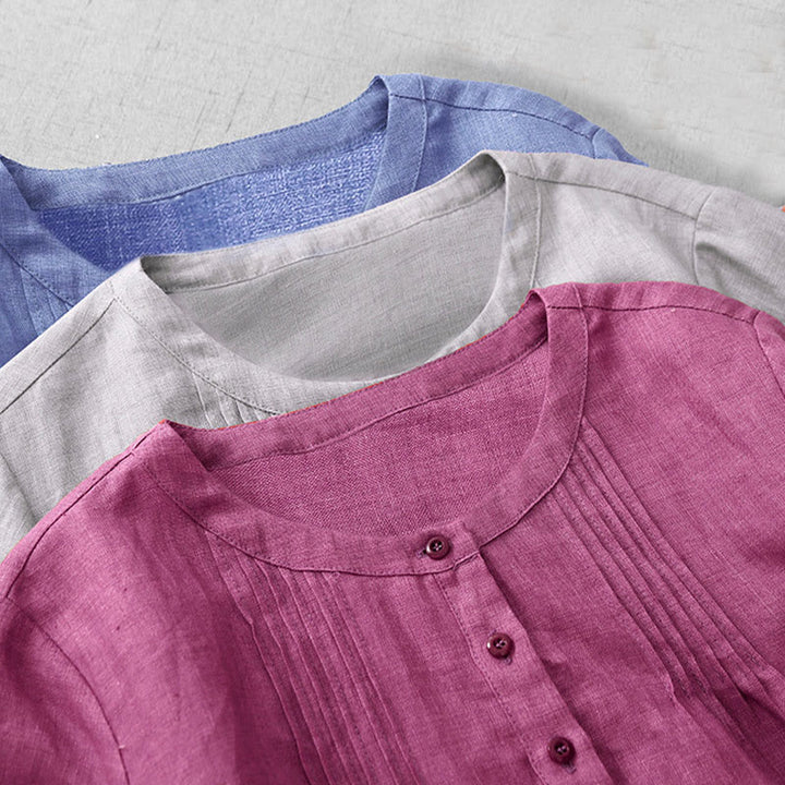 Camisa de algodón para mujer con diseño plisado, botones lisos y cuello redondo, manga tres cuartos, con Buddha Stones - image 21