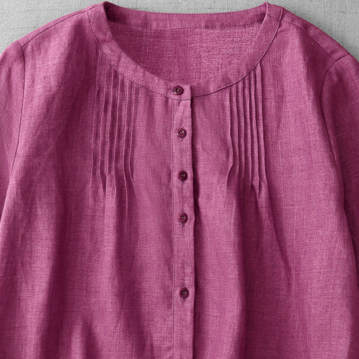 Camisa de algodón para mujer con diseño plisado, botones lisos y cuello redondo, manga tres cuartos, con Buddha Stones - image 11