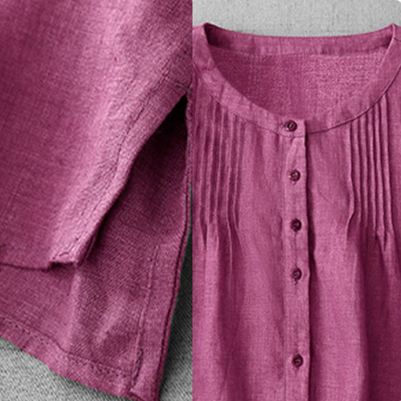 Camisa de algodón para mujer con diseño plisado, botones lisos y cuello redondo, manga tres cuartos, con Buddha Stones - image 17
